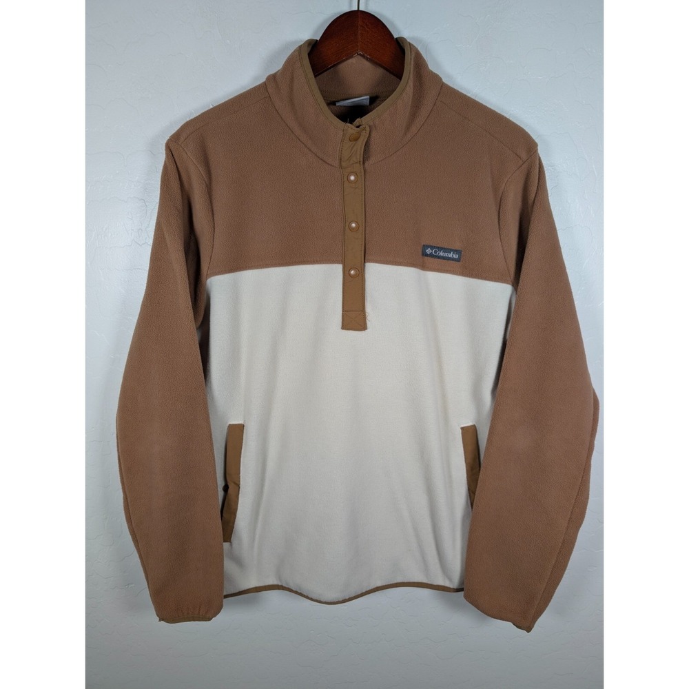 Columbia Jacket Women XL Brown Colorblock Fleece 1/4 Snap Button Pockets Outdoor